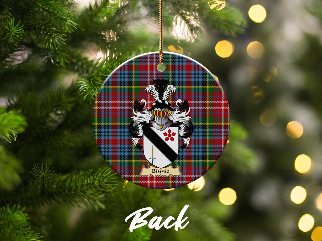 Double-sided Binnie ceramic ornament with family shield and Caledonia tartan background