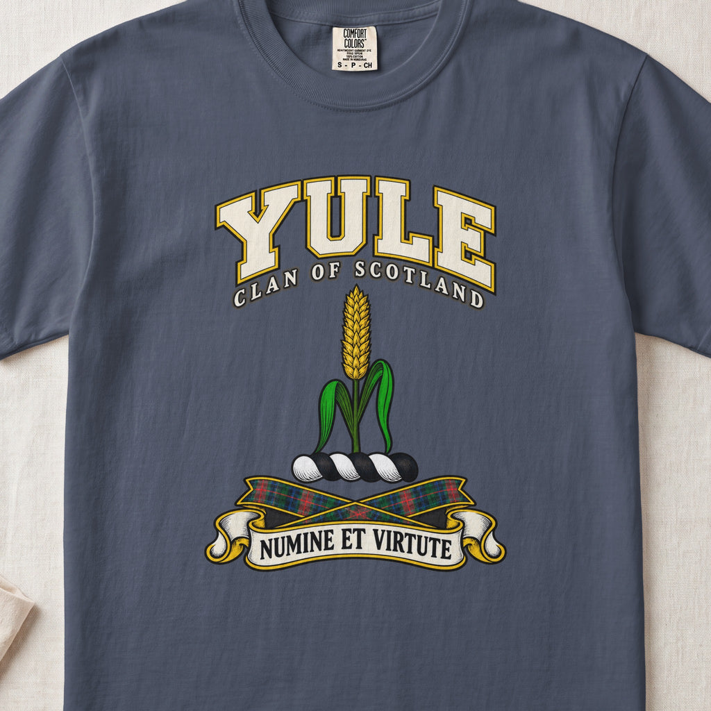 Yule Scottish clan T-shirt in Midnight, front view with a golden ear of grain with green leaves and motto design.