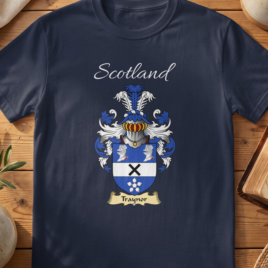 Navy Traynor heritage T-shirt laid flat with “Scotland” and the colourful family shield design.