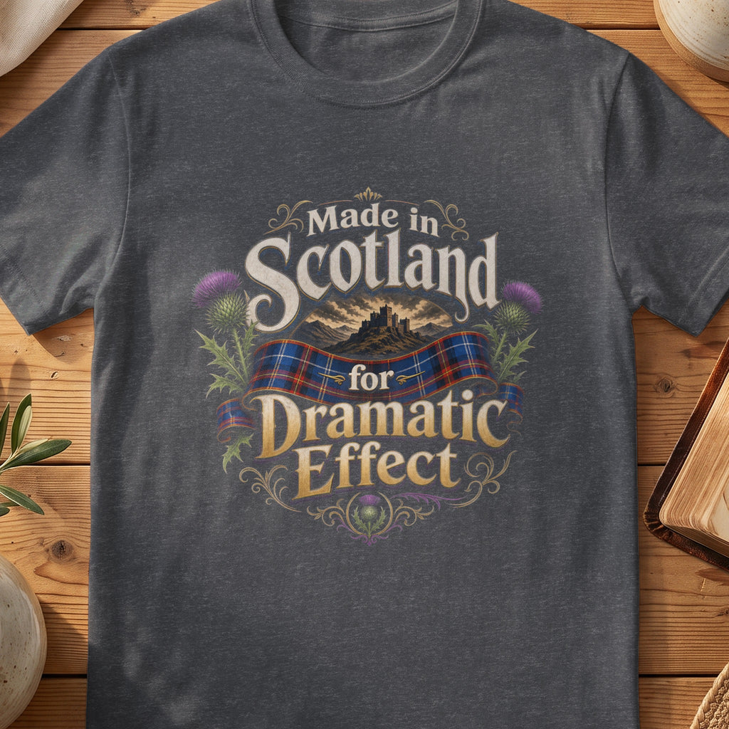 Dark grey Gildan 64000 unisex T-shirt flatlay with Made in Scotland for Dramatic Effect Castle Scottish graphic design