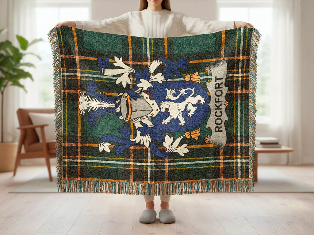 Tartan blanket with crest and "ROCKFORT" text.
