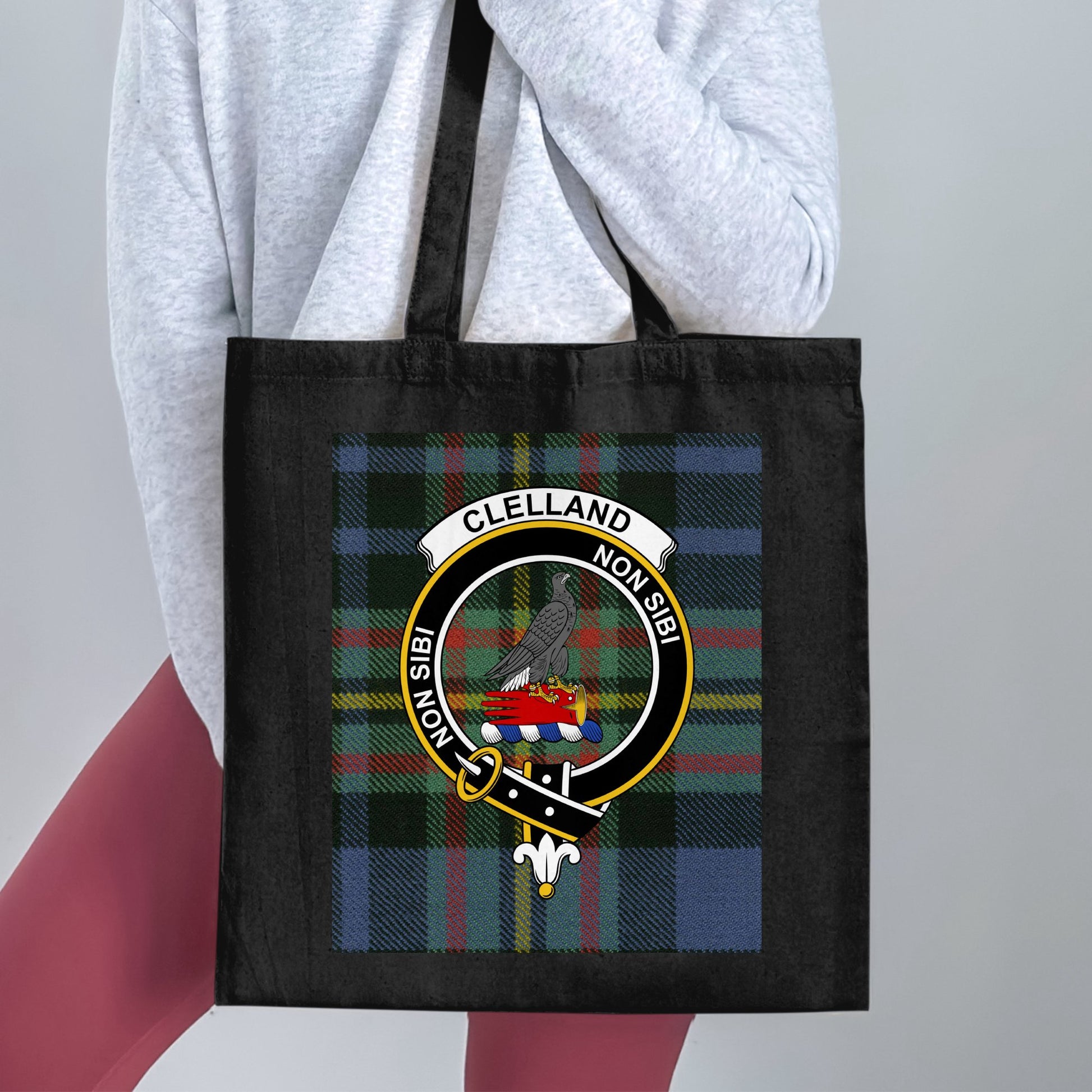 Clelland Clan Crest Scottish Tartan Background Tote Bag - Living Stone Gifts