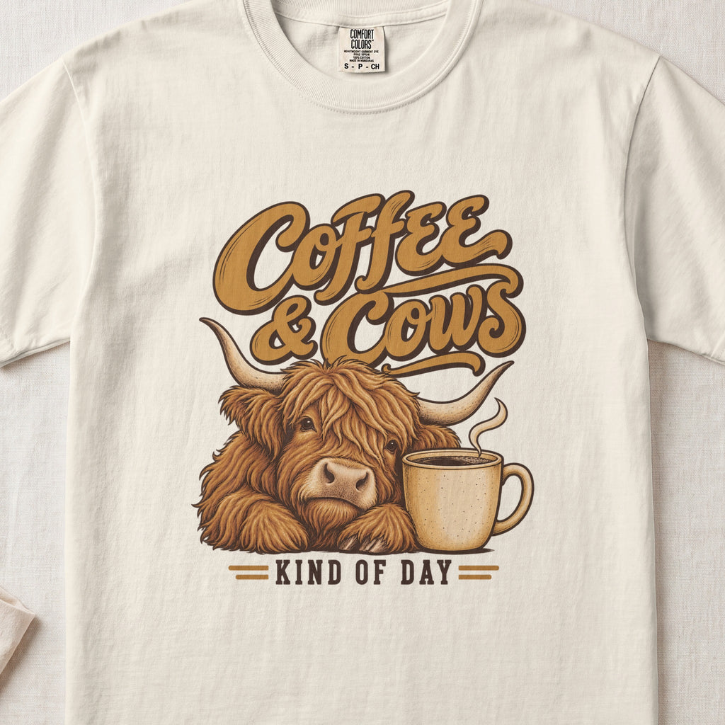 Coffee & Cows Kind of Day Highland cow design on an Ivory Comfort Colors 1717 T-shirt, flat lay