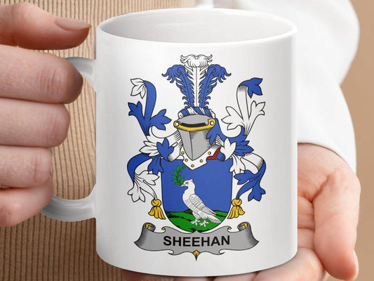 Sheehan Family Crest Coat of Arms White Falcon Mug - Celtic Ancestry Gifts