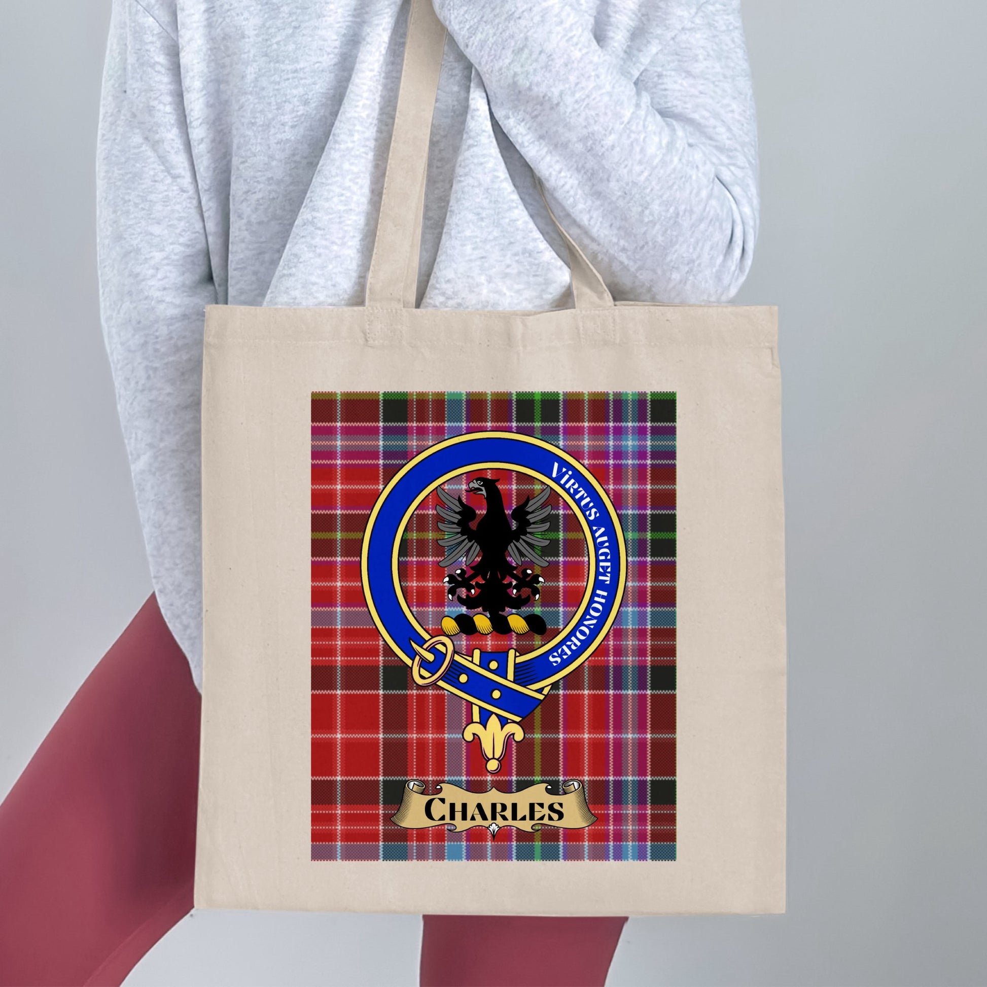 Charles Scottish Clan Crest Tartan Pattern Tote Bag - Living Stone Gifts