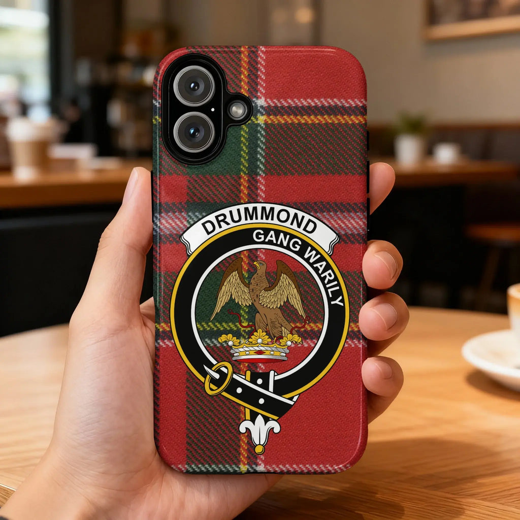 Drummond clan crest tartan phone case — edge-to-edge design with Gang Warily eagle crest motto