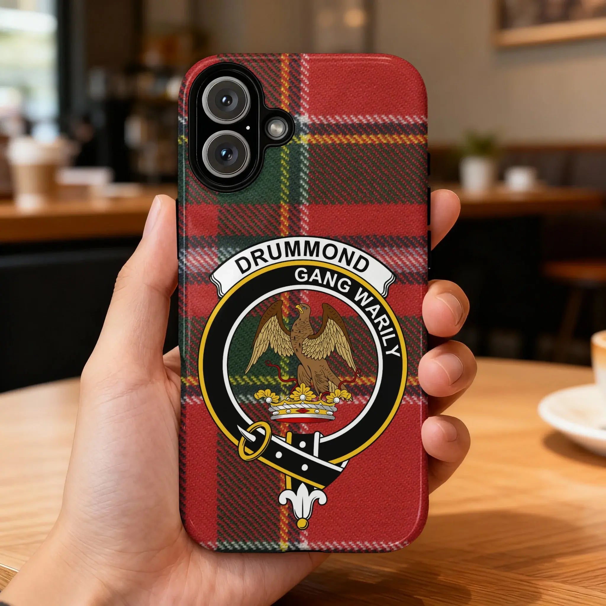 Drummond clan crest tartan phone case — edge-to-edge design with Gang Warily eagle crest motto