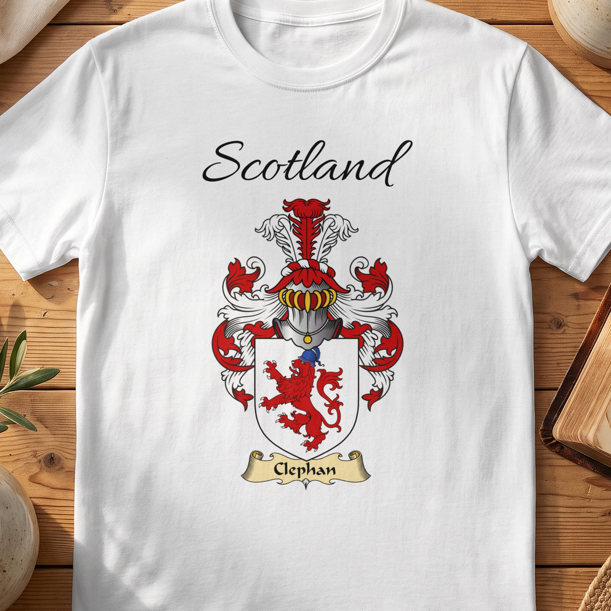 White Clephan Scottish family shield T-shirt featuring a red lion on a white shield