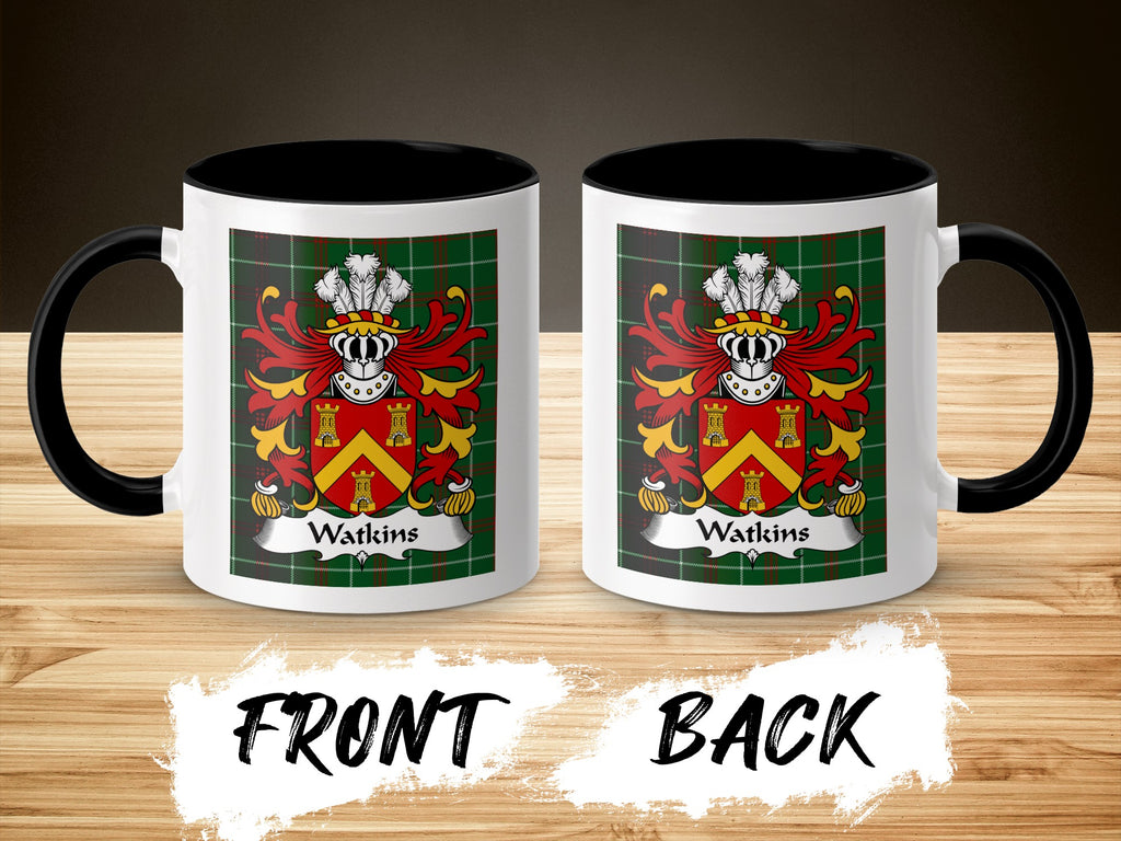 Watkins Welsh surname coffee mug front and back with family crest on wooden surface