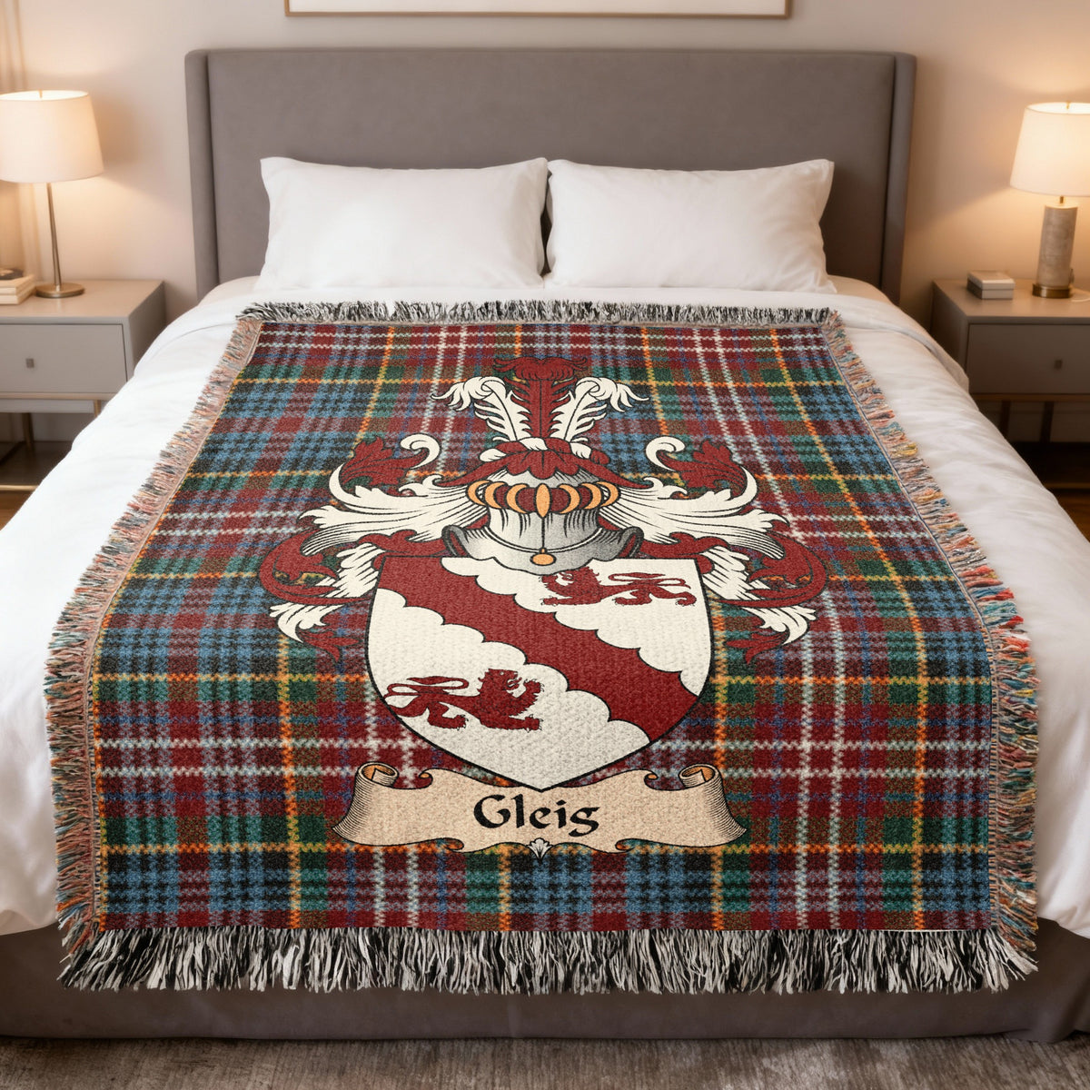 Gleis Caledonia tartan heritage woven throw blanket with family shield