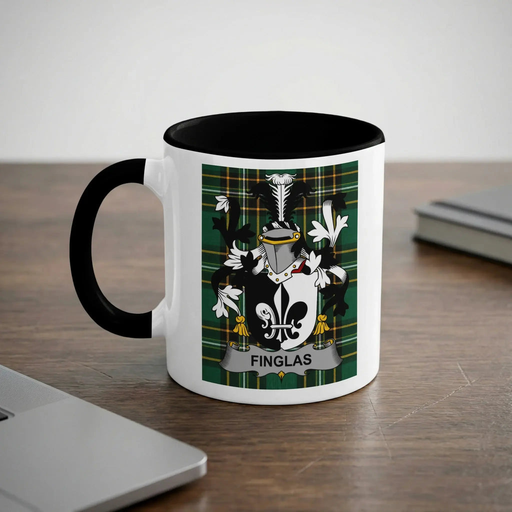 White mug with black rim and handle, featuring a green tartan crest with "Finglas" text.
