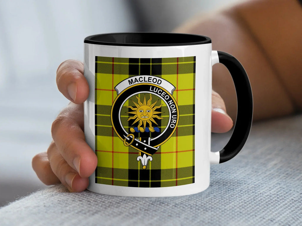 MacLeod of Lewis Luceo Non Uro yellow tartan mug — clan crest on 15oz glossy ceramic