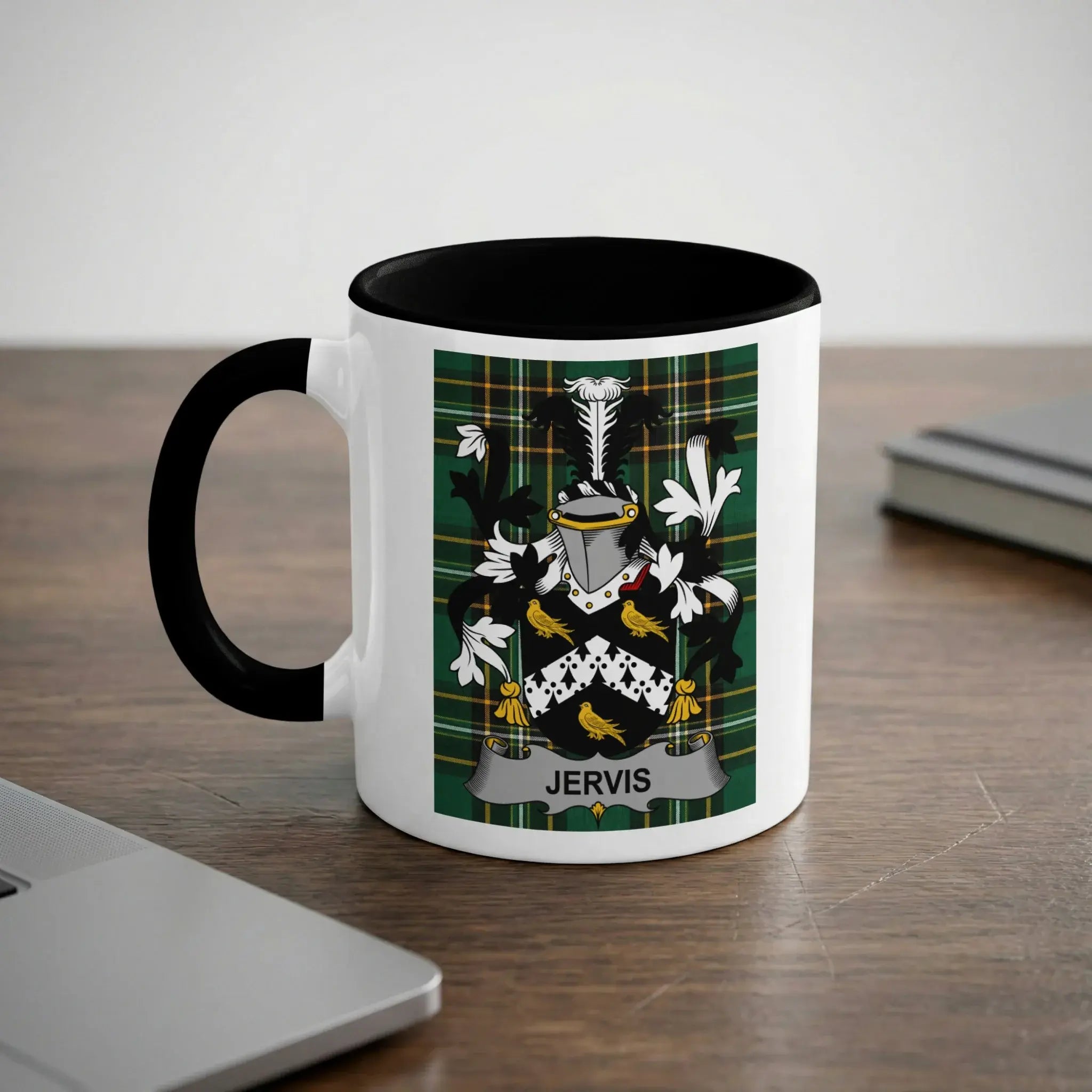 Jervis Irish heritage mug with black handle and family crest