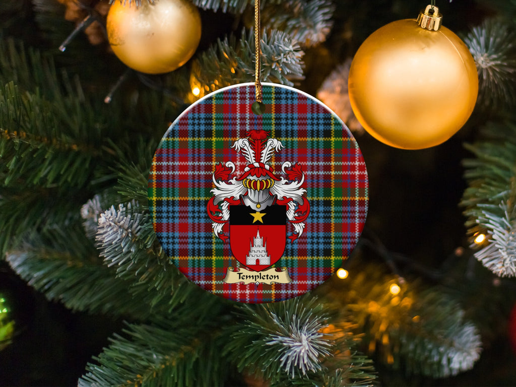 Templeton family emblem ceramic Christmas ornament with Caledonia tartan background in festive holiday décor