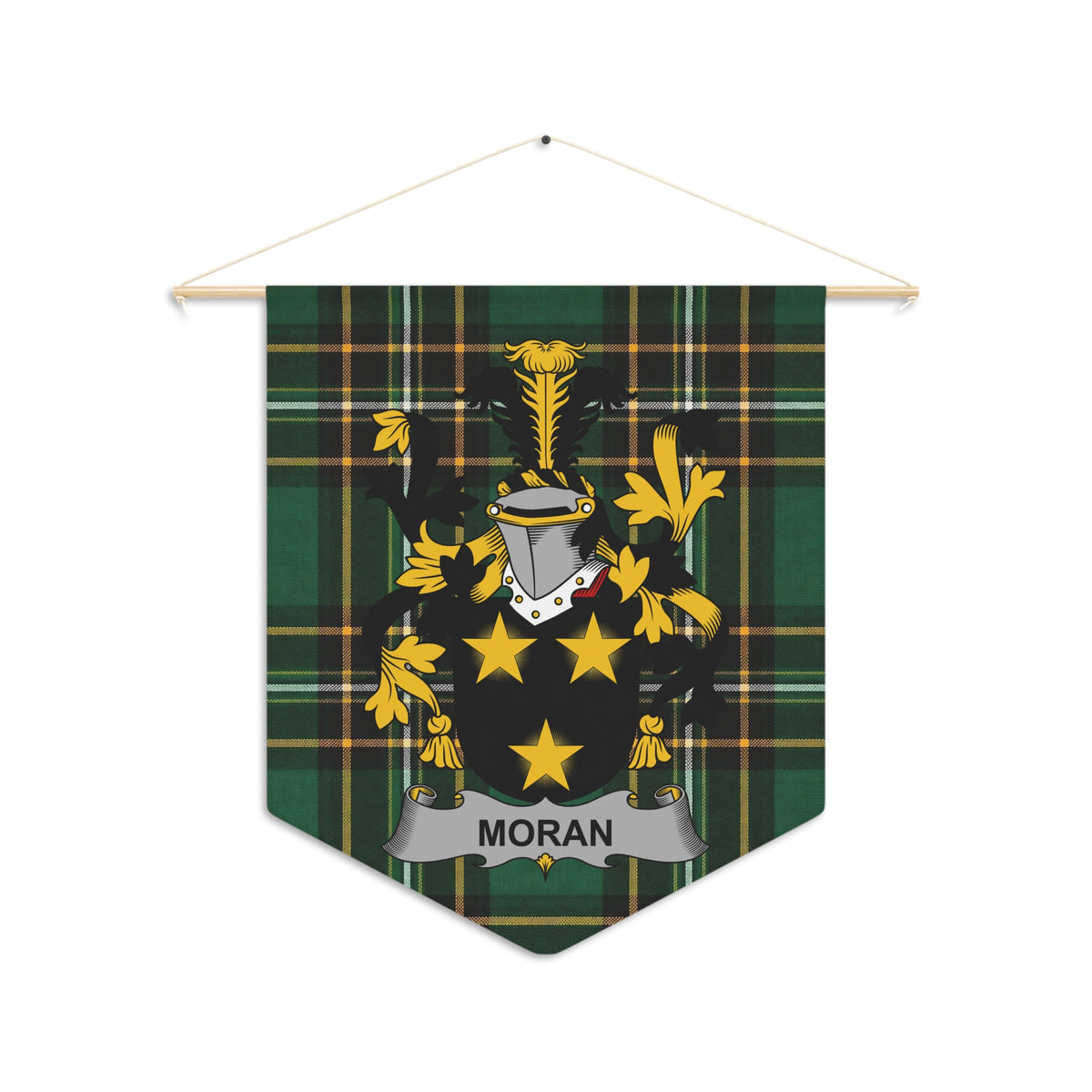 Moran Irish Family Crest on a tartan wall pennant, full view