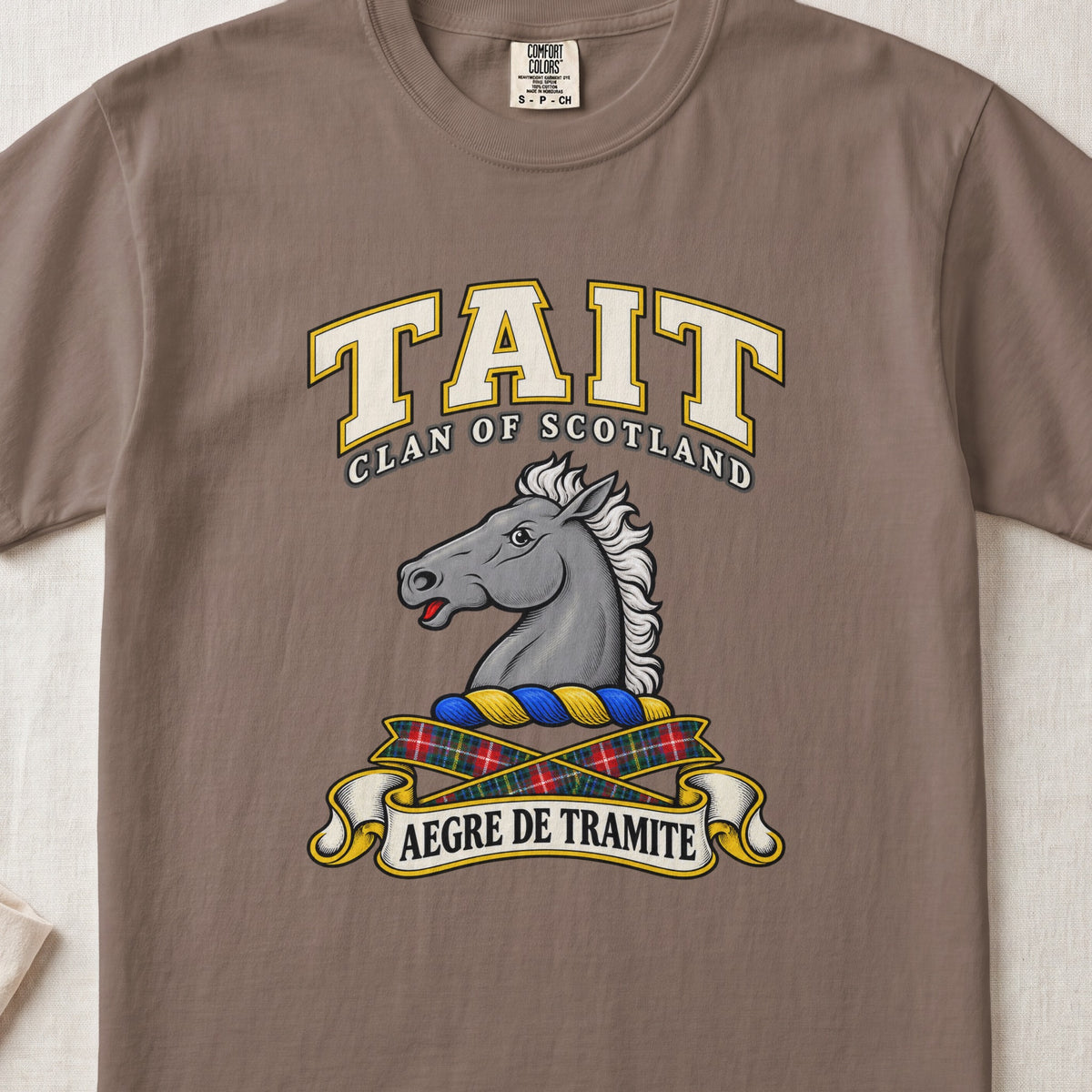 Tait Scottish clan T-shirt in Espresso, front view with a gray horse head and motto design.