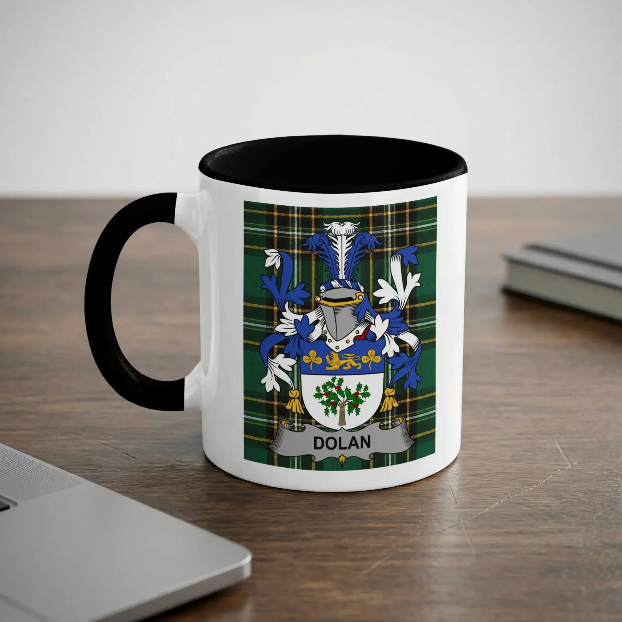White mug with black rim featuring a Dolan family crest on a tartan background.