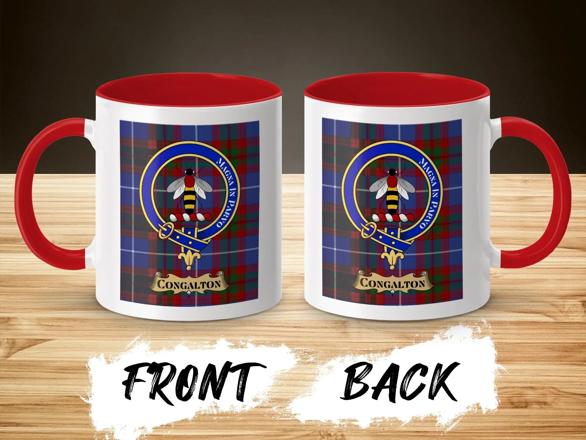 Congalton tartan-background crest mug shown as a Scottish heritage gift
