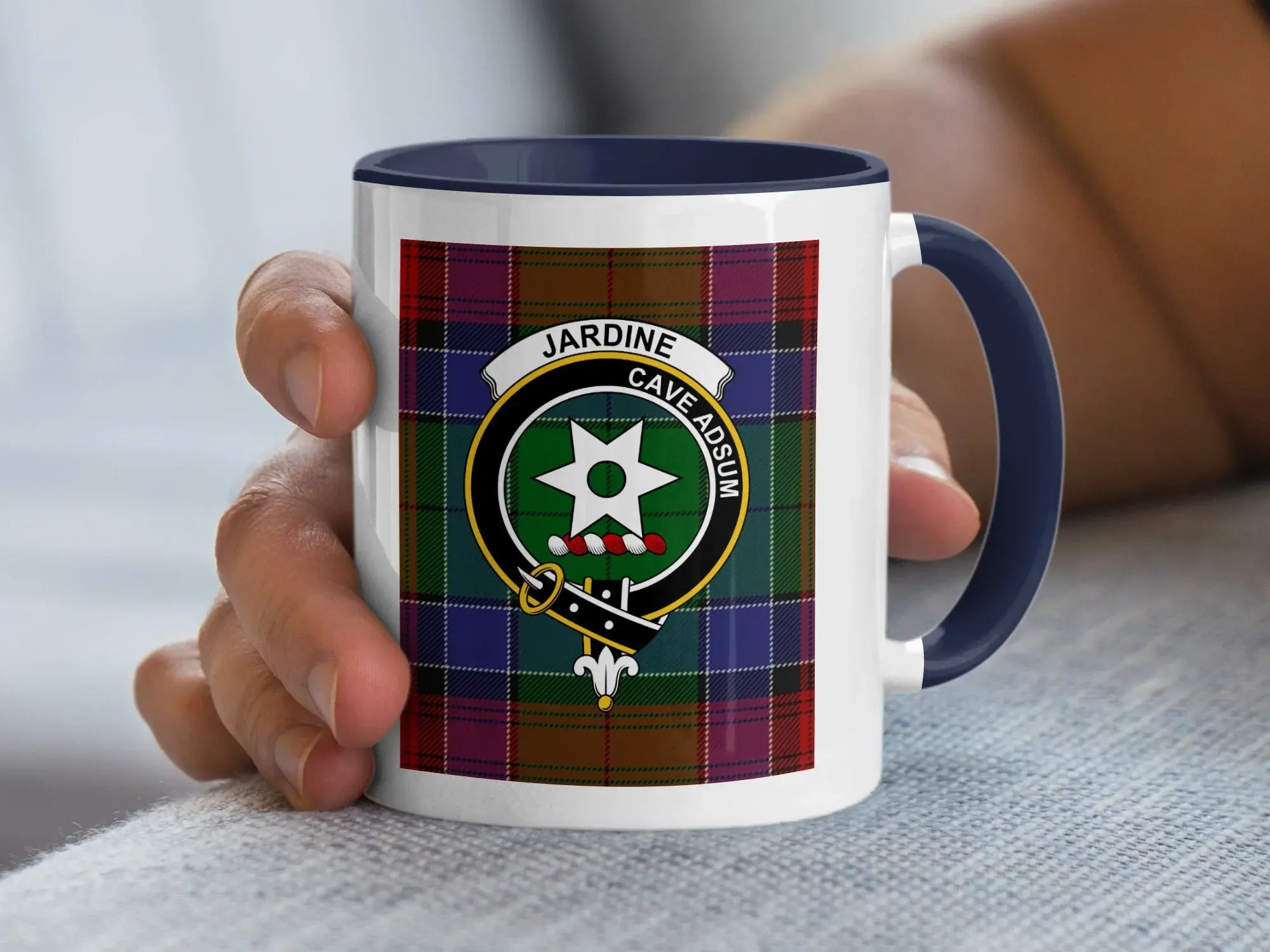 Clan Jardine tartan accent mug — 11 oz with black handle and interior, crest and Cave Adsum motto