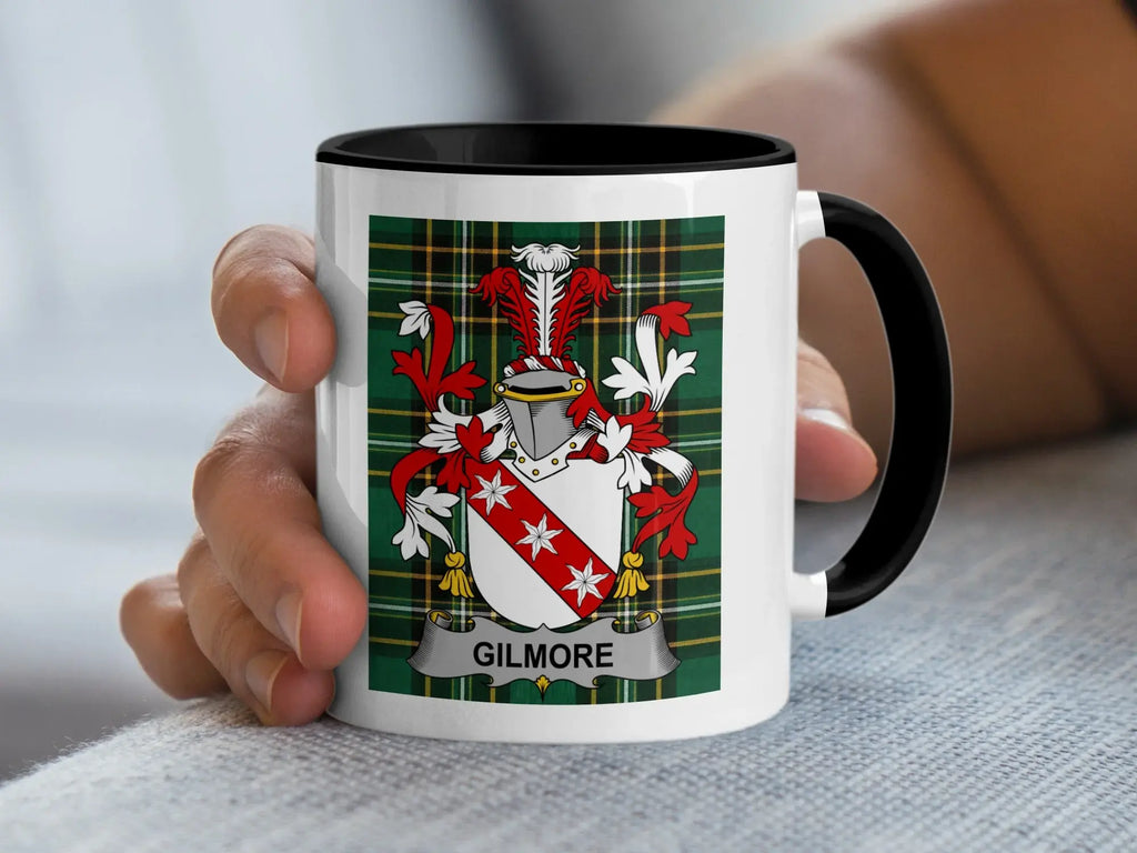Gilmore Irish heritage mug with black handle and family crest