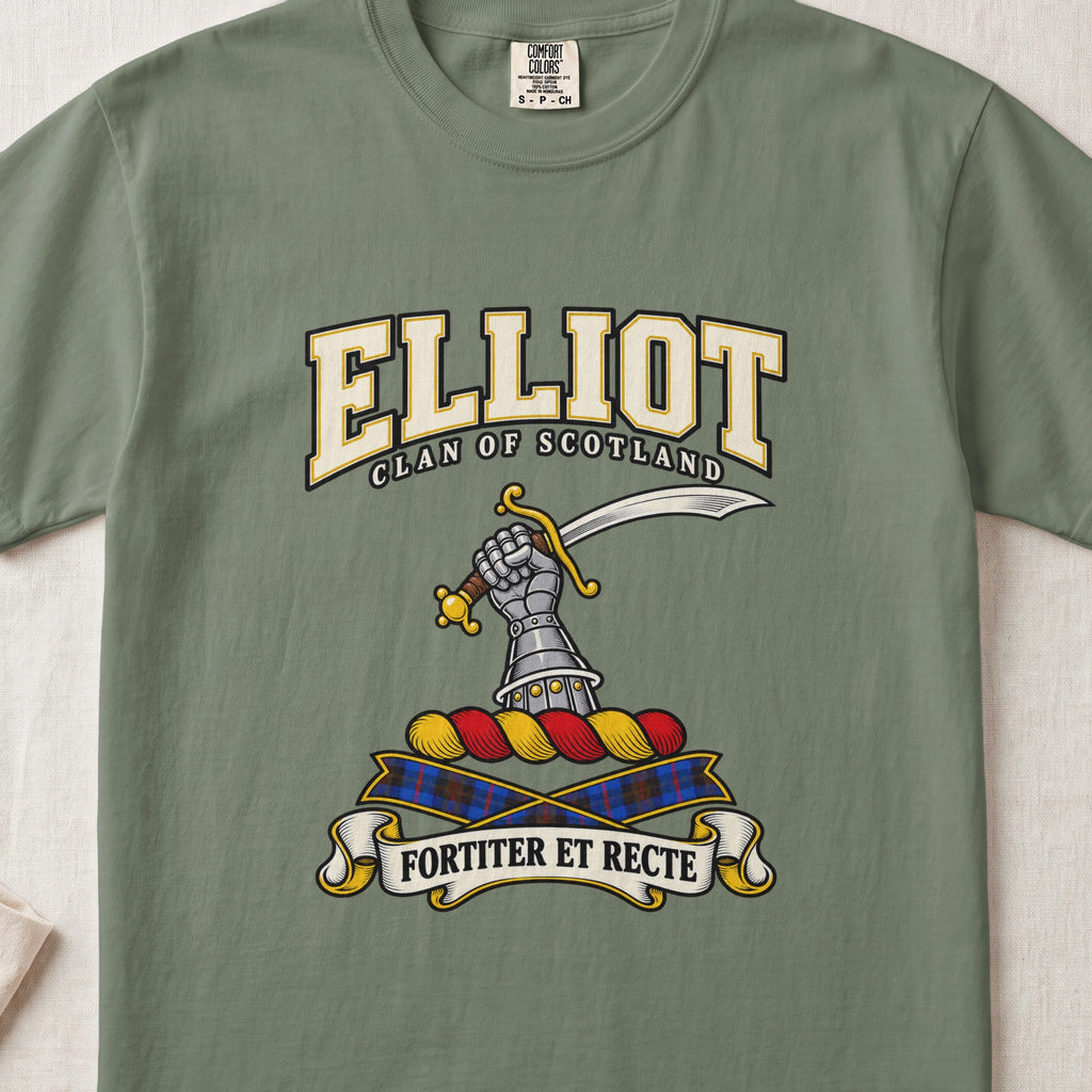 Elliot Scottish clan graphic T-shirt in Moss, front view