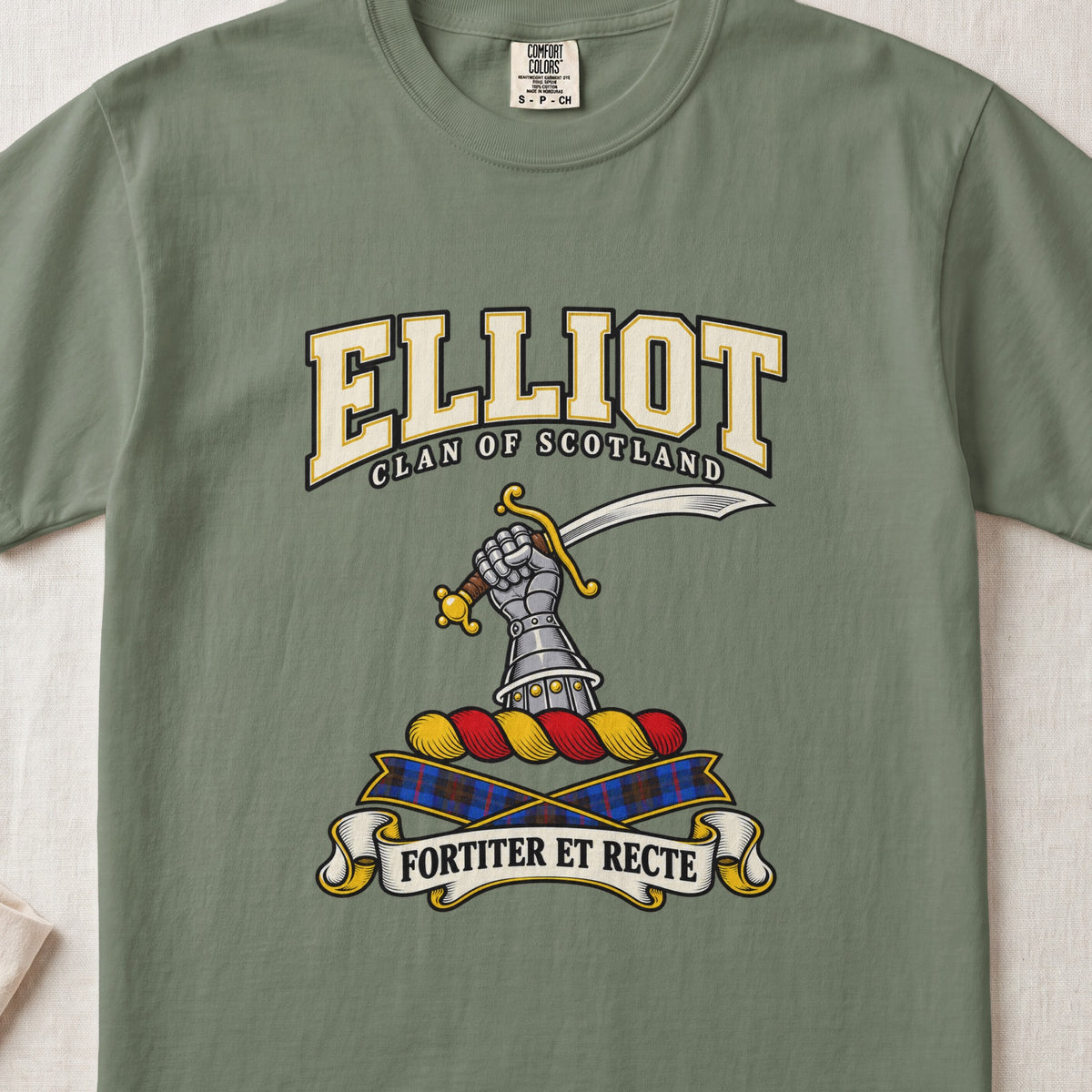 Elliot Scottish clan graphic T-shirt in Moss, front view