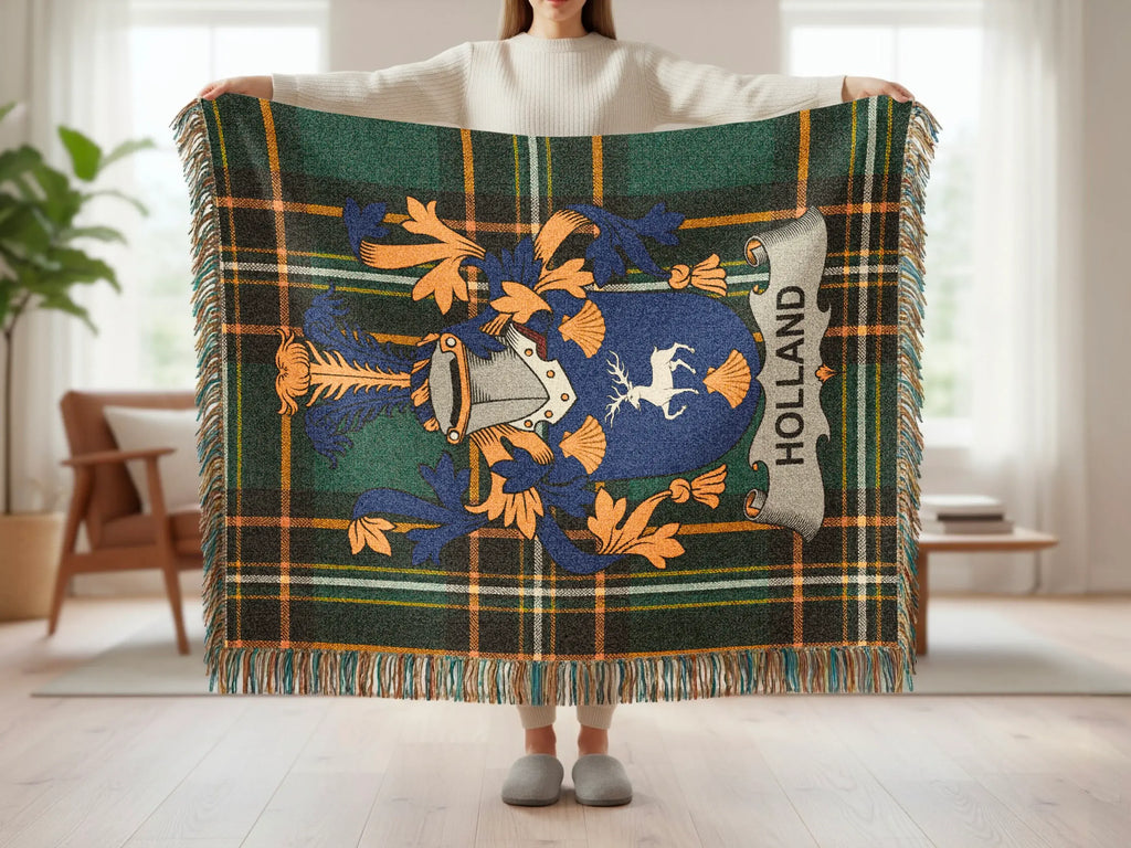 Tartan throw blanket with a coat of arms featuring a stag and the word "HOLLAND".