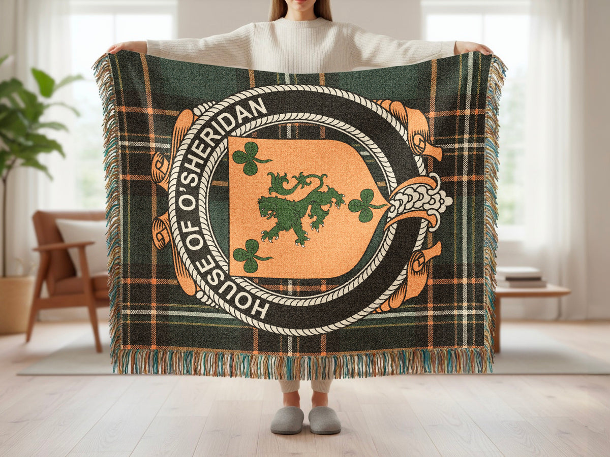 O'Sheridan surname blanket showing Irish National Tartan woven design