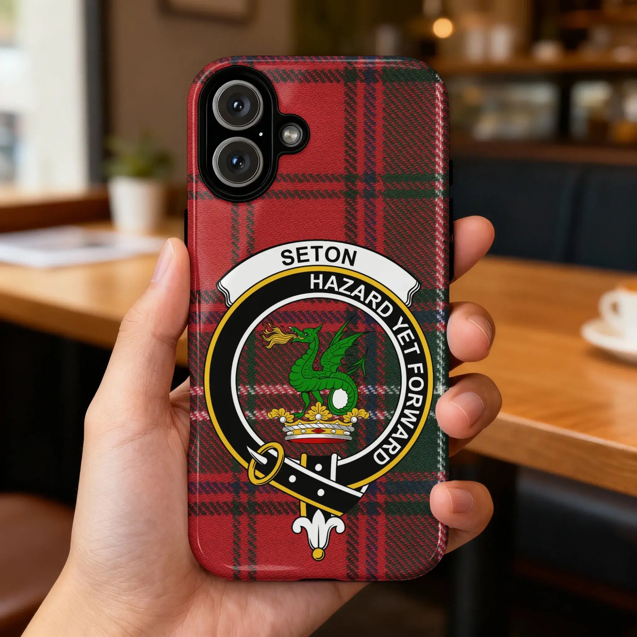 Clan Seton Hazard Yet Forward tartan iPhone case — UV-resistant, precise port cutouts, polycarbonate shell