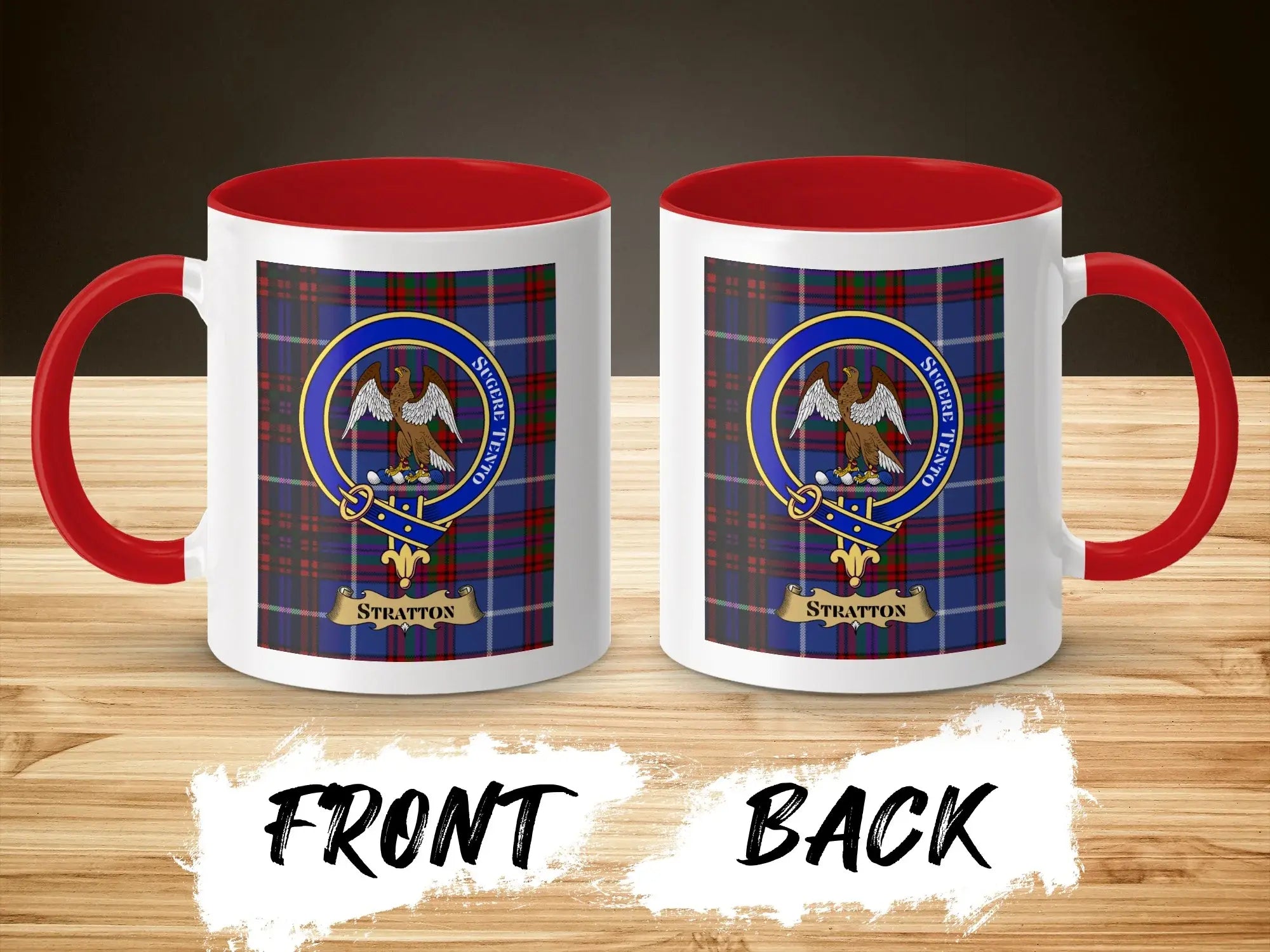 Stratton Scottish Clan Plaid Crest Mug with Red Handle