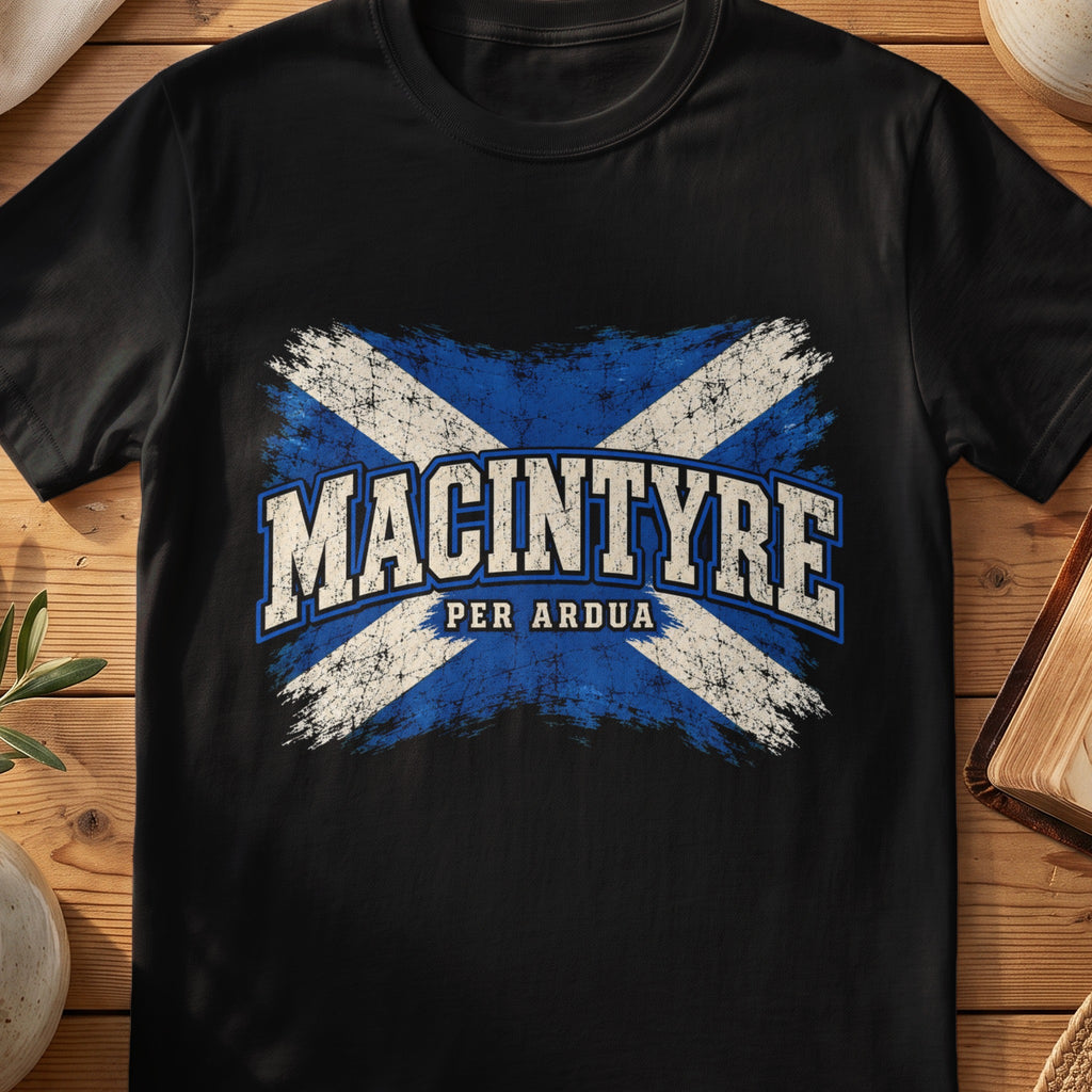 MacIntyre Scottish Saltire T-shirt in Black, with distressed blue and cream flag and “Per Ardua” lettering.