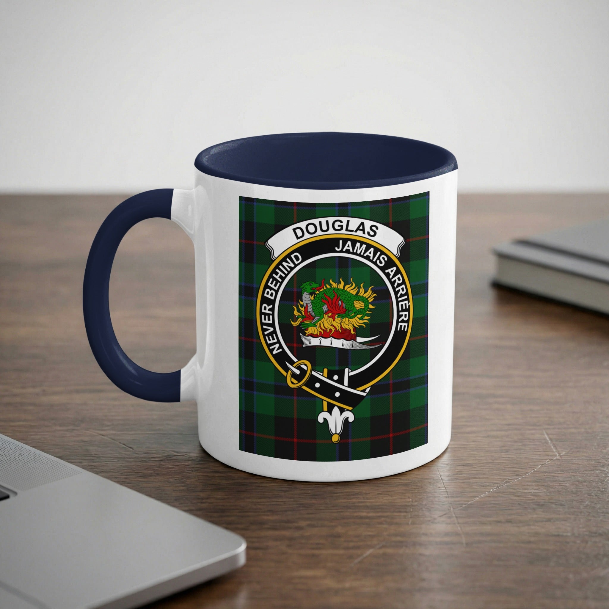 Douglas crest on tartan background mug — navy handle and rim, Scottish heritage gift