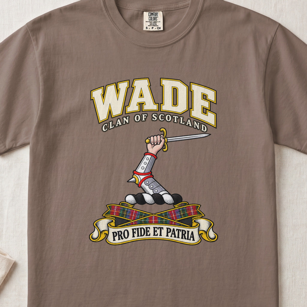 Wade Scottish clan T-shirt in Espresso, front view with an armoured arm holding a sword and motto design.