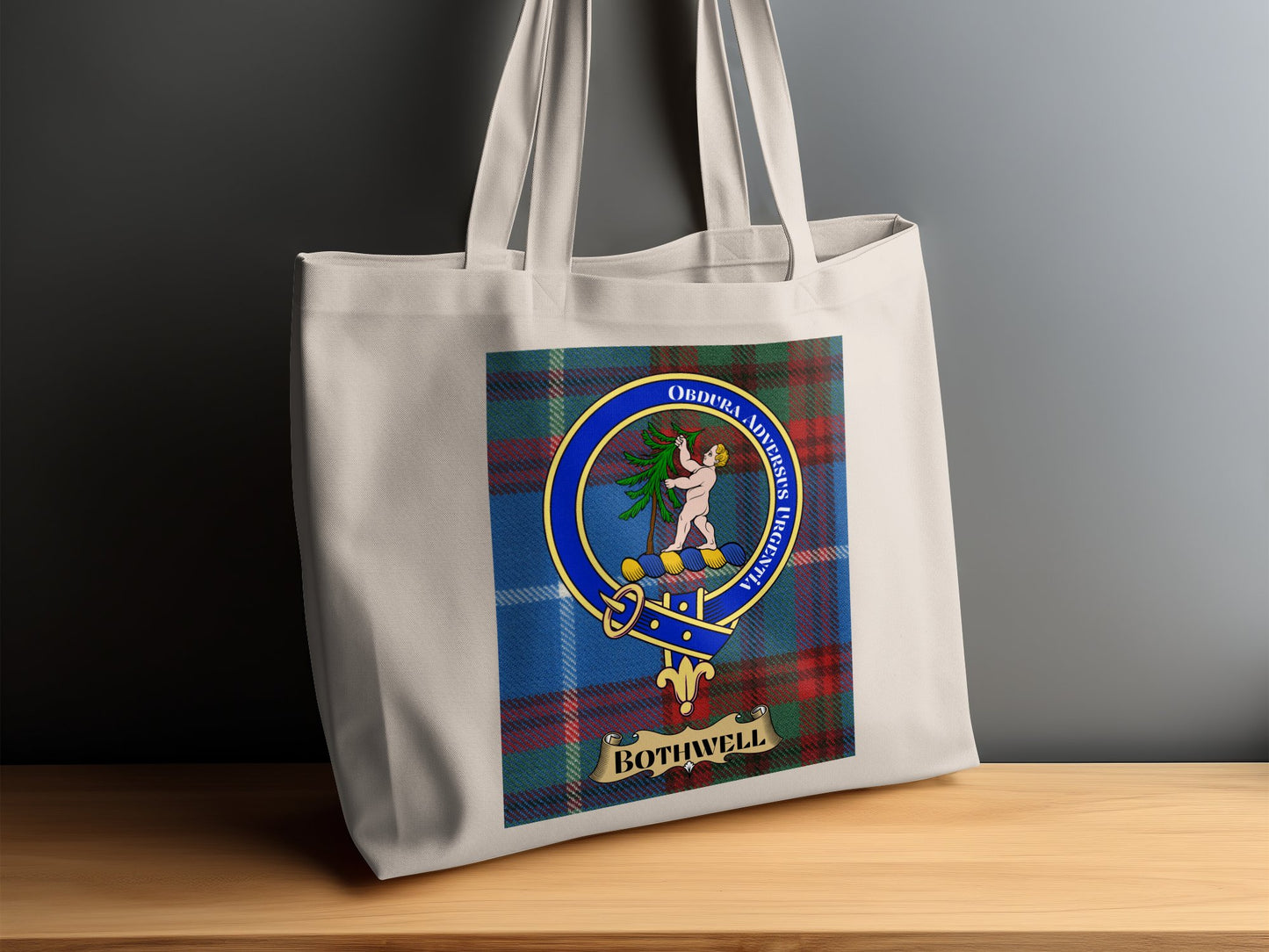 Bothwell Clan Crest on Tartan Design Tote Bag - Living Stone Gifts