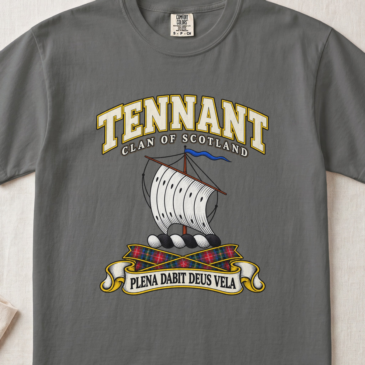Tennant Scottish clan T-shirt in Pepper, front view with a white sail and blue pennant and motto design.