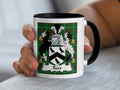 Rees Welsh family crest mug with black handle and bird crest design on Welsh National Tartan