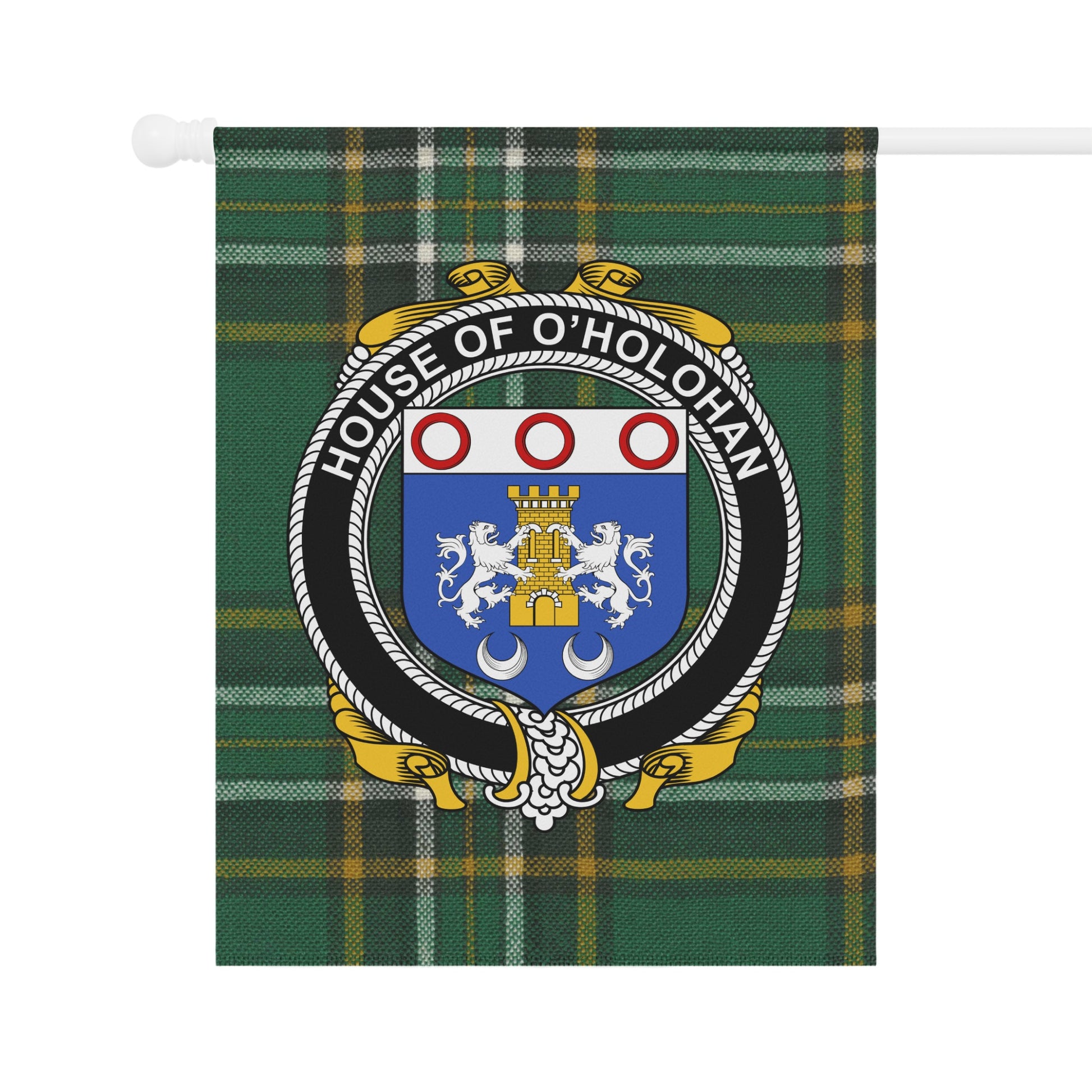 House of O'Holohan Crest on Green Plaid Flag