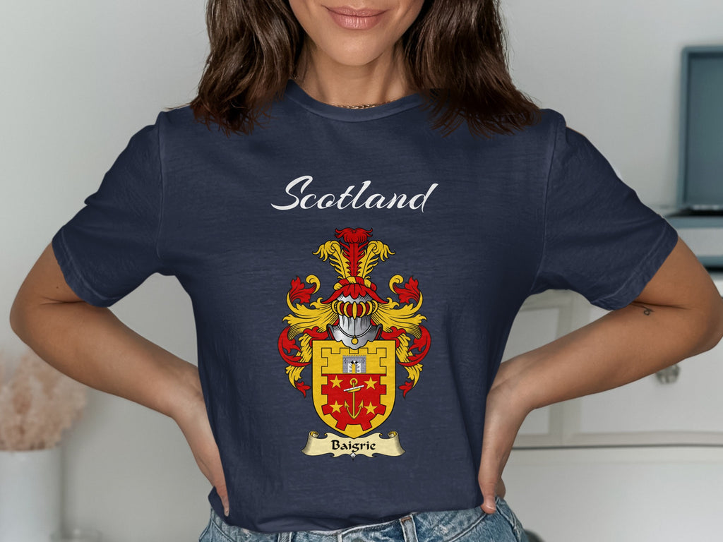 Baigrie Scottish family shield design on Navy T-shirt