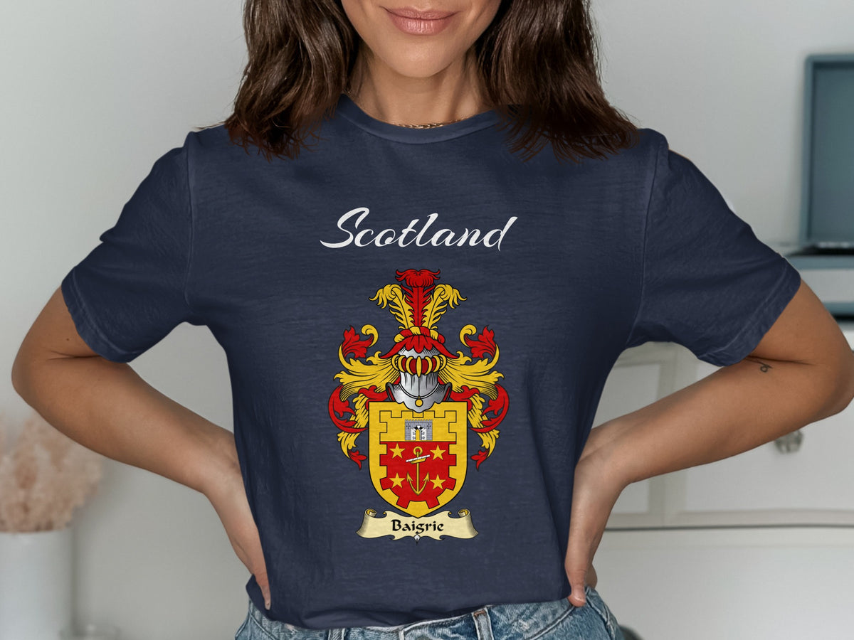 Baigrie Scottish family shield design on Navy T-shirt