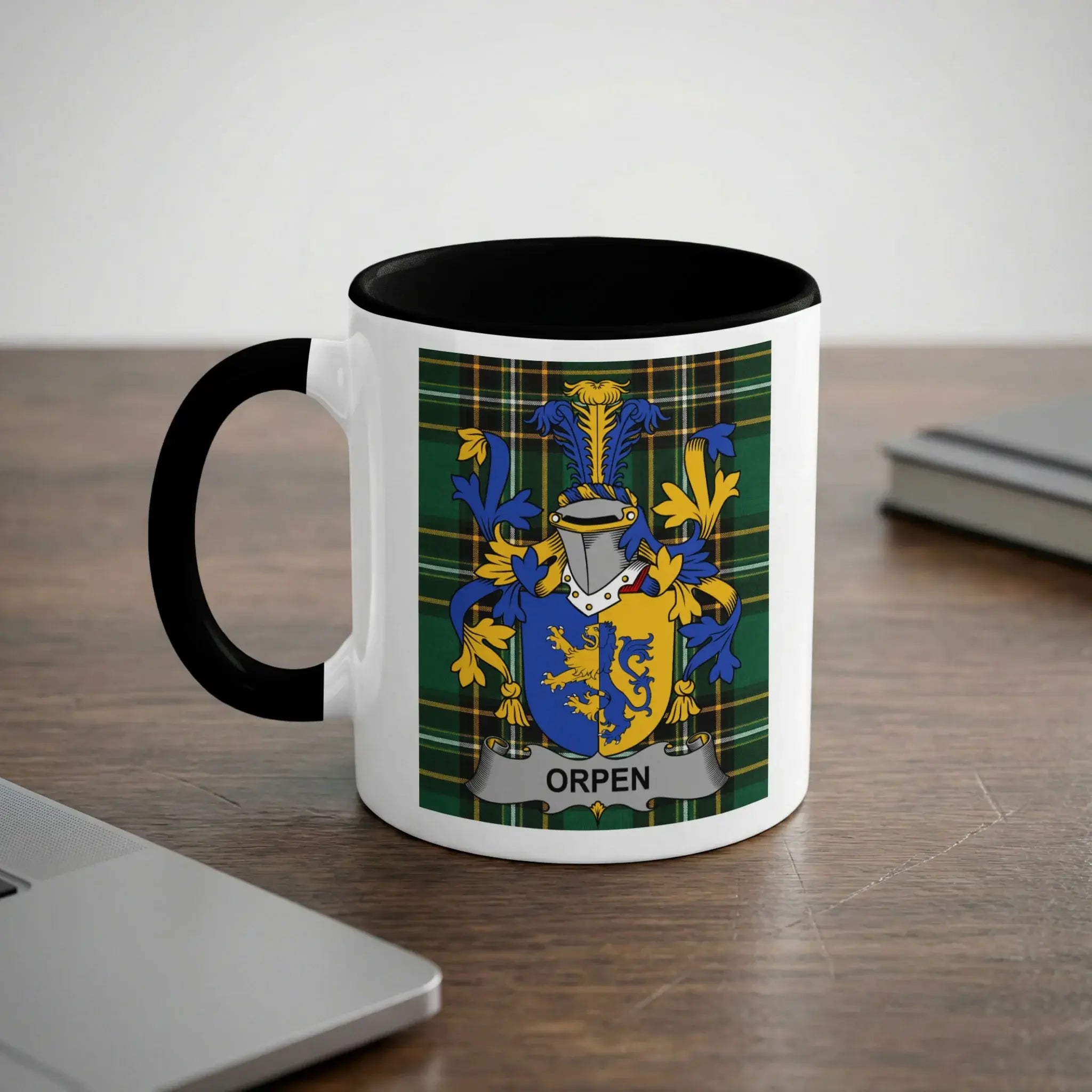 Orpen Irish heritage mug with black interior and surname crest