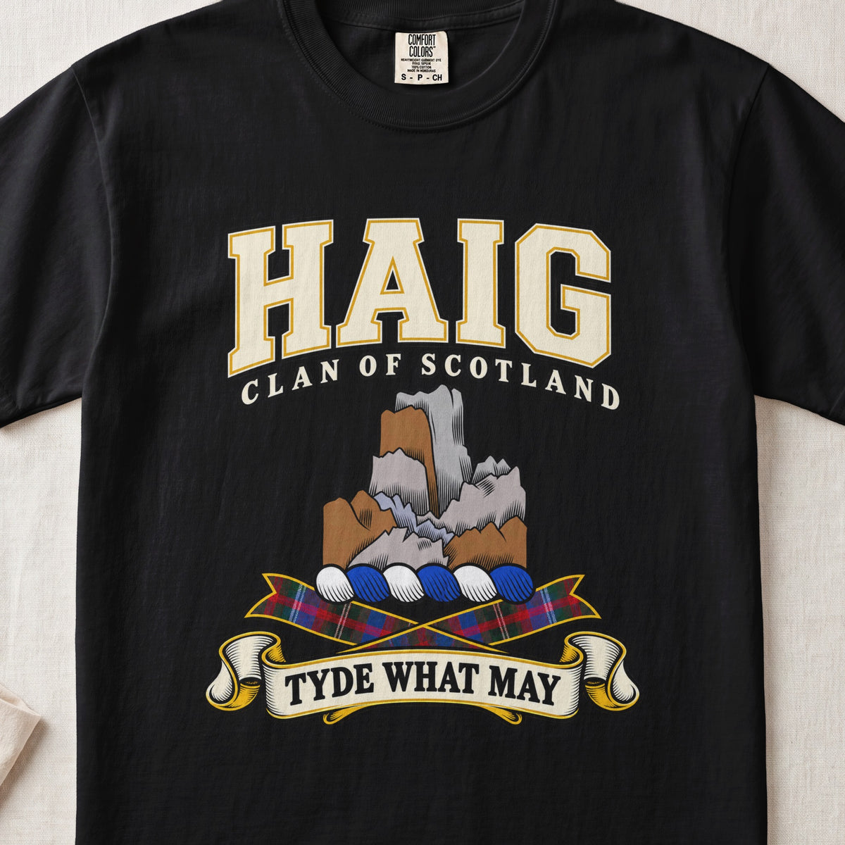 Haig Scottish clan graphic T-shirt in Black, front view