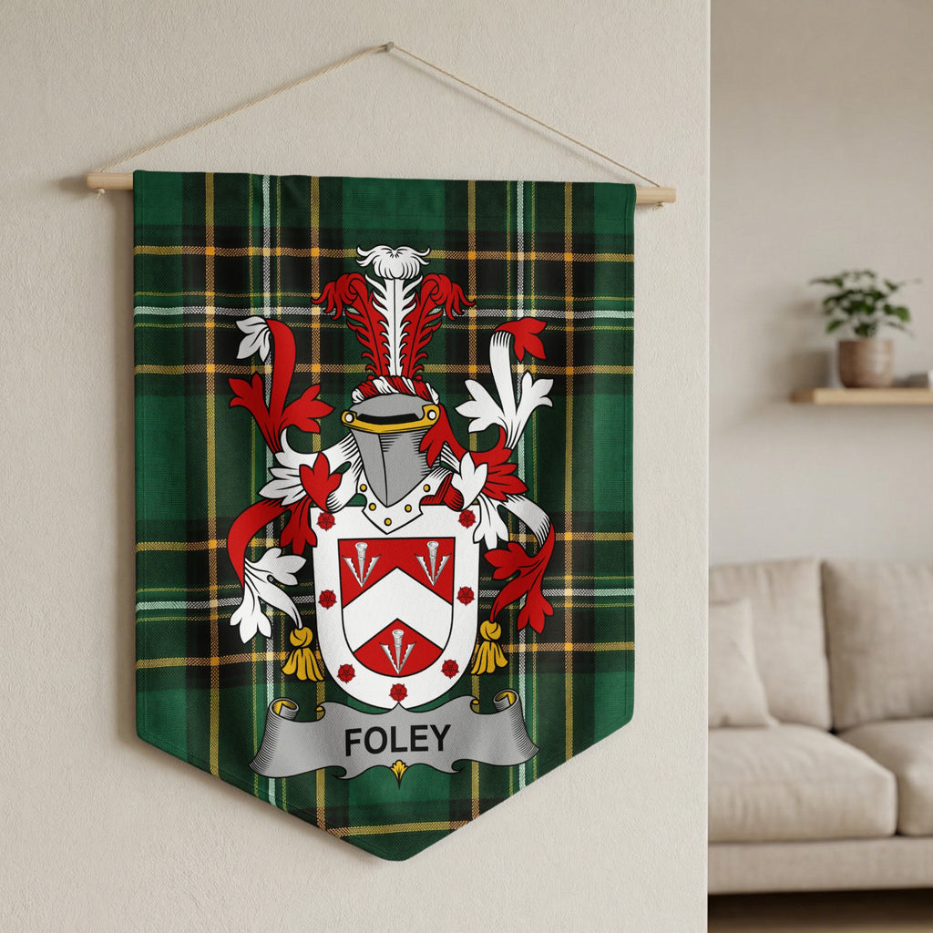 Foley family crest on green plaid banner hanging on wall.