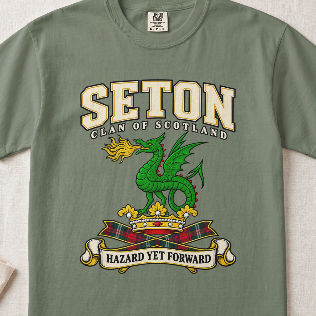 Seton Scottish clan graphic T-shirt in Moss, front view