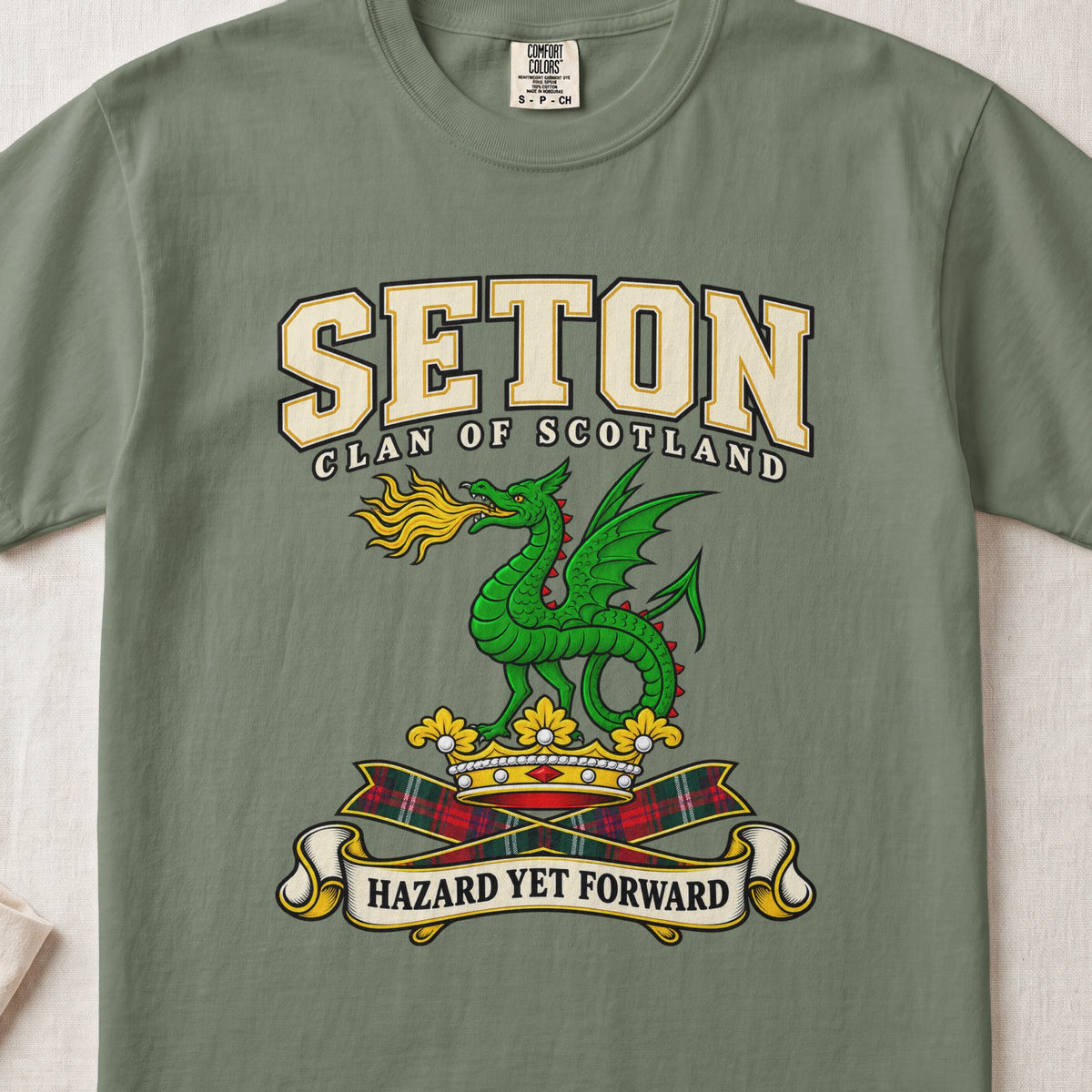 Seton Scottish clan graphic T-shirt in Moss, front view