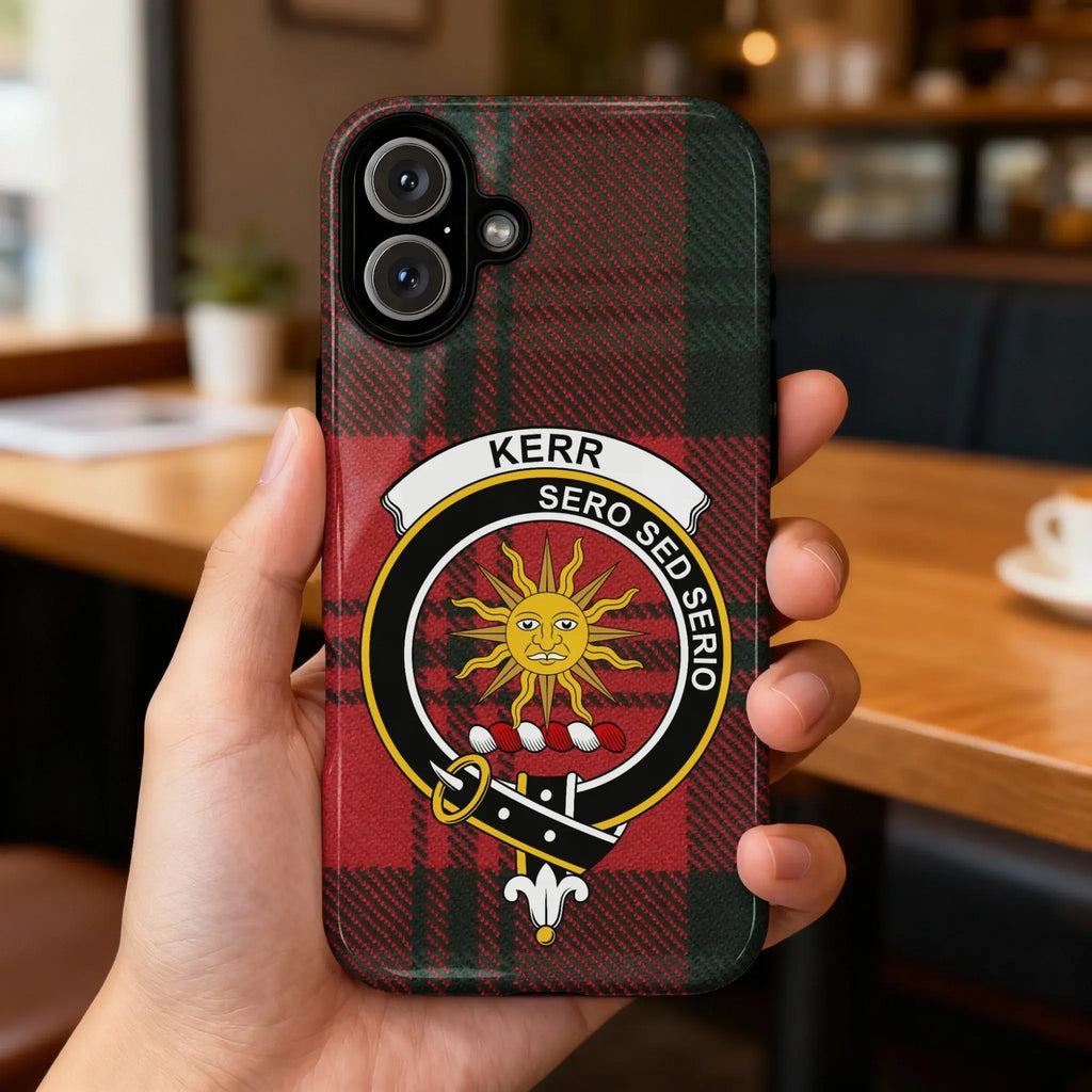 Kerr clan crest tartan phone case — edge-to-edge plaid design with Sero Sed Serio sun motto