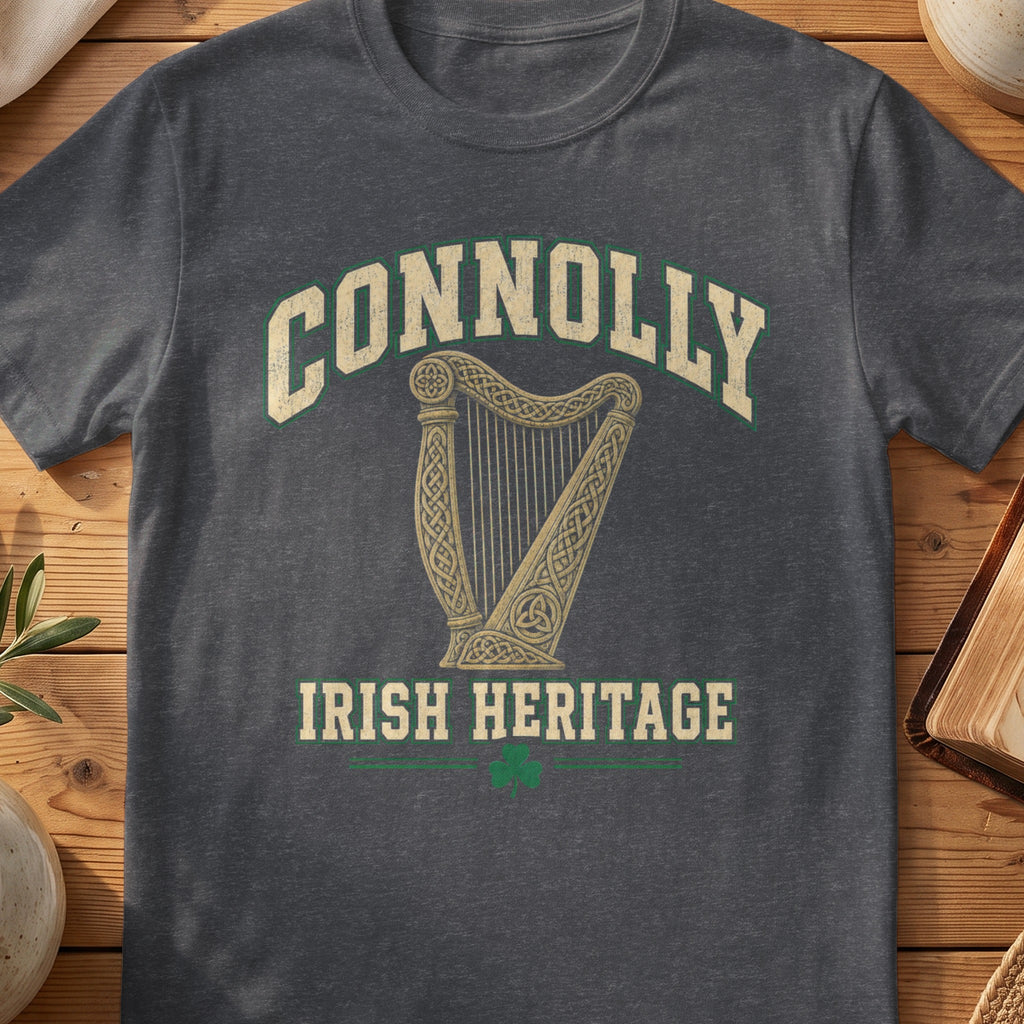 Connolly Irish Heritage dark heather gray Gildan 64000 T-shirt with Celtic harp design