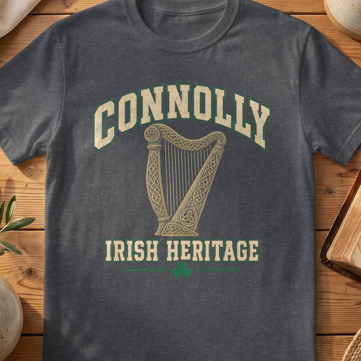 Connolly Irish Heritage dark heather gray Gildan 64000 T-shirt with Celtic harp design