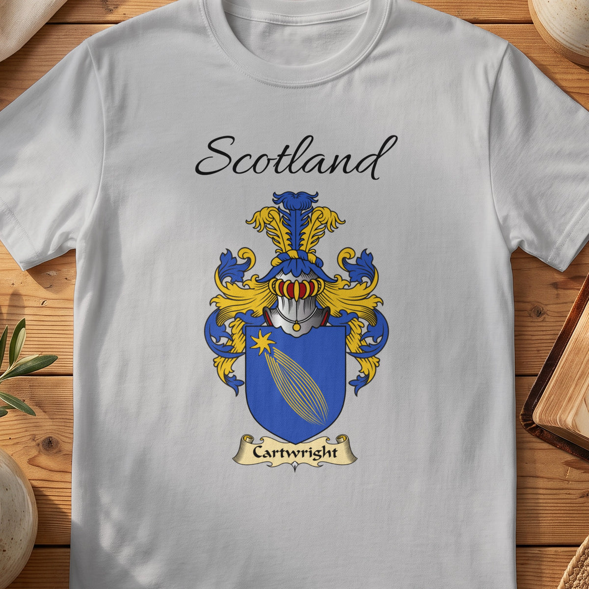 Sport Grey Cartwright Scottish family shield T-shirt featuring a gold comet-like motif on blue