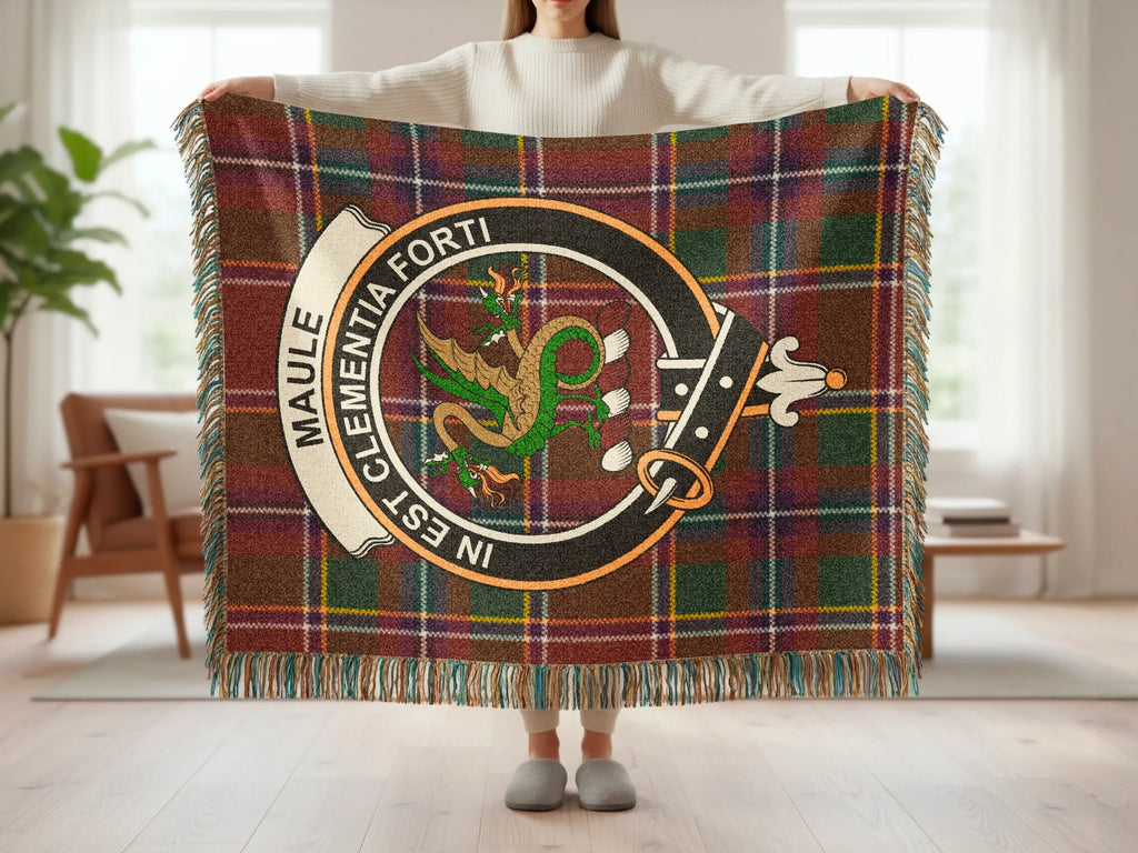 Crest and Dragon Emblem on Plaid Blanket with Fringe