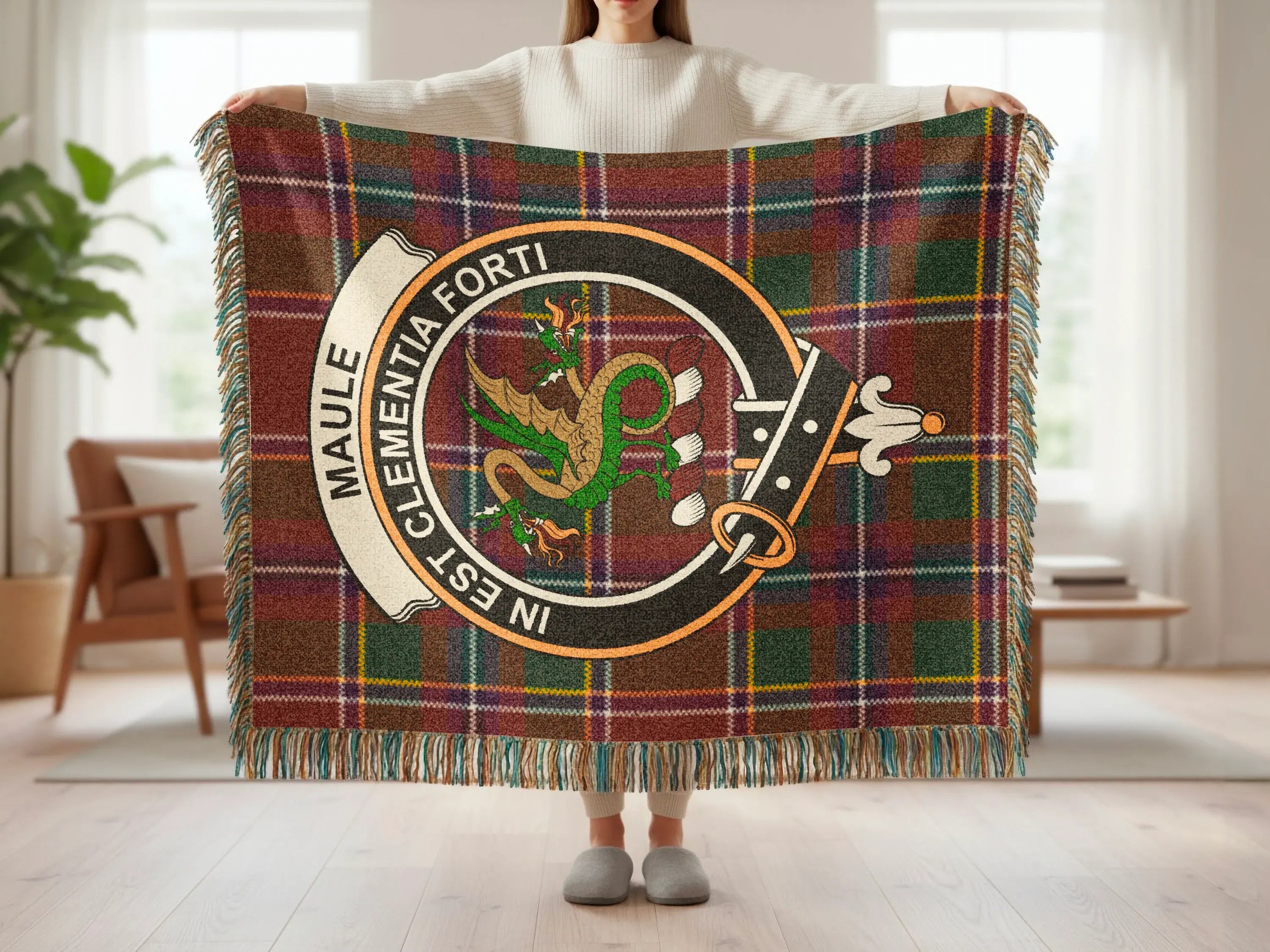 Crest and Dragon Emblem on Plaid Blanket with Fringe
